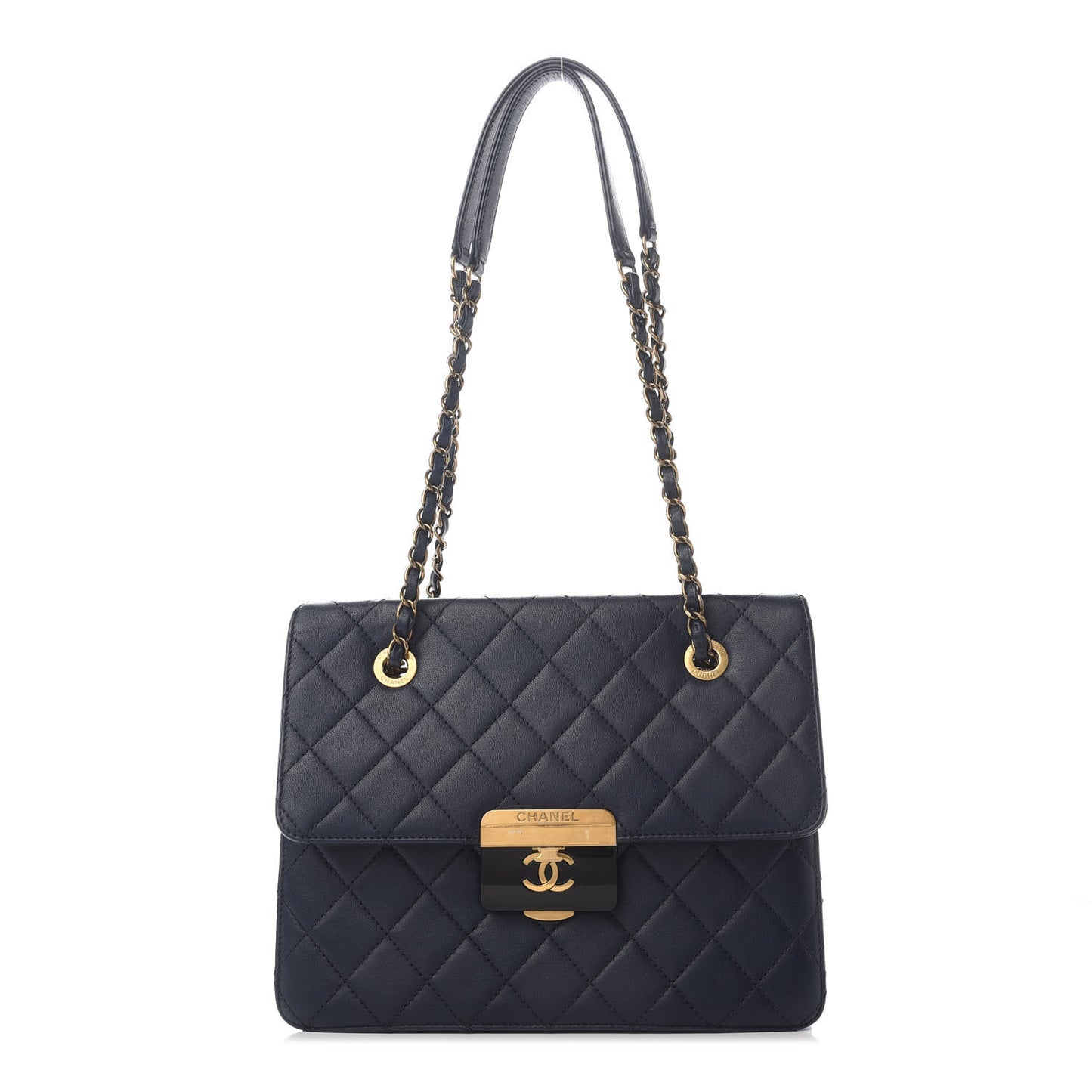 Sheepskin Quilted Small Beauty Lock Shopping Tote Navy Blue