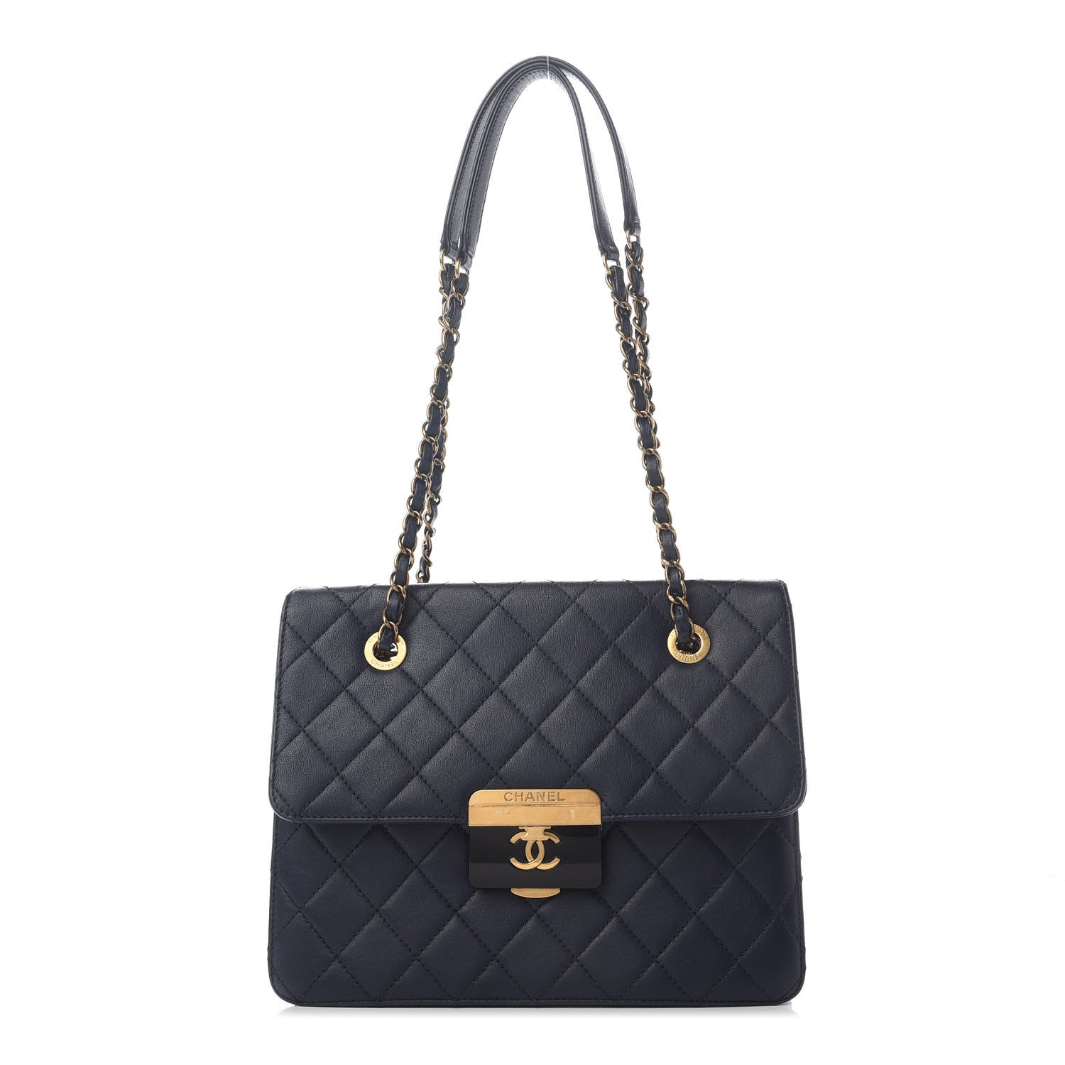 Chanel Sheepskin Quilted Small Beauty Lock Shopping Tote Navy Blue 1 of 8
