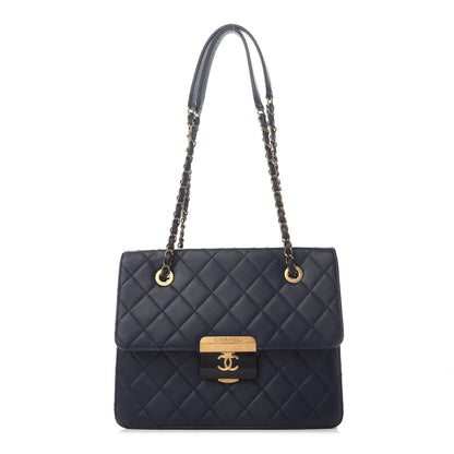Chanel Sheepskin Quilted Small Beauty Lock Shopping Tote Navy Blue 1 of 8