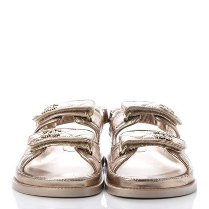 Chanel Iridescent Lambskin Quilted Velcro Dad Sandals 38 Light Bronze 2 of 10