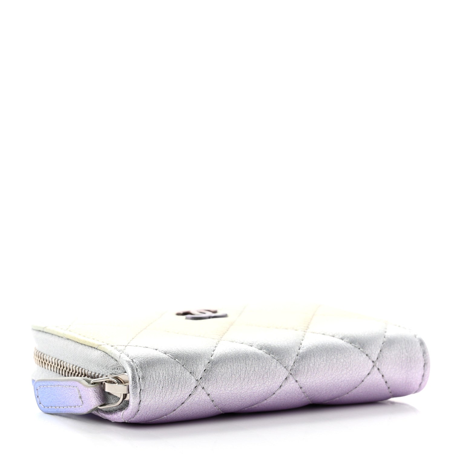 Chanel Gradient Metallic Calfskin Quilted Zip Around Coin Purse Wallet Silver Blue Yellow Purple 4 of 8