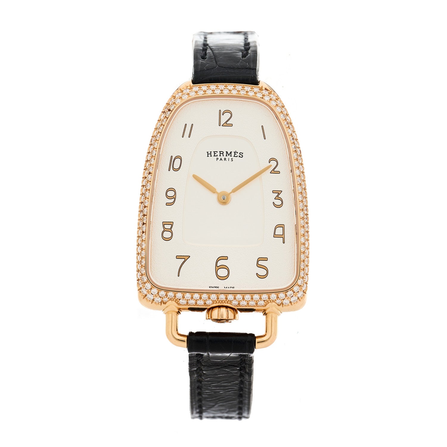 Hermes 18K Rose Gold Alligator Diamond Bezel 26mm Galop Quartz Watch Noir 1 of 4