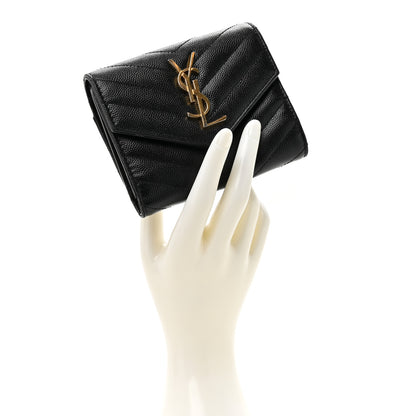 Saint Laurent Grain De Poudre Matelasse Chevron Monogram Compact Tri Fold Wallet Black 2 of 11