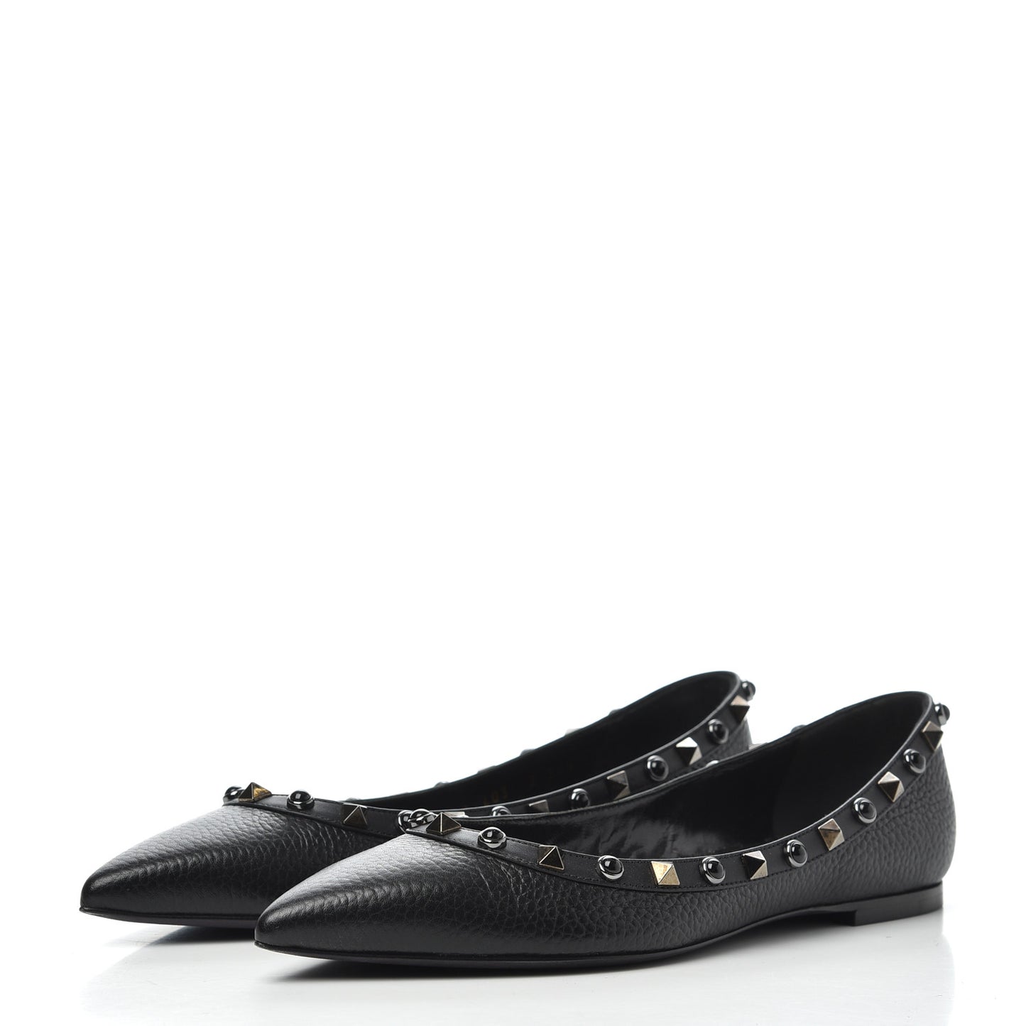 Pebbled Calfskin Onyx Rockstud Rolling Ballerina Flats 36.5 Black