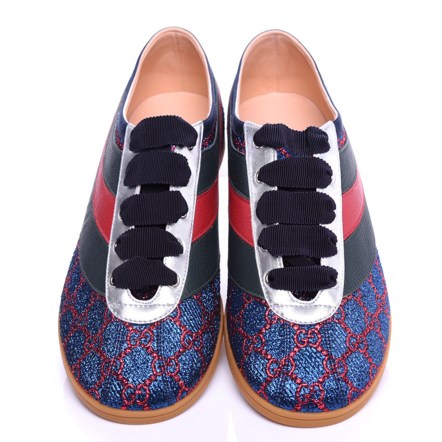 Lurex Calfskin Web GG Monogram Mens Falacer Sneakers 8.5 Iridescent Blue Iridescent Red Silver