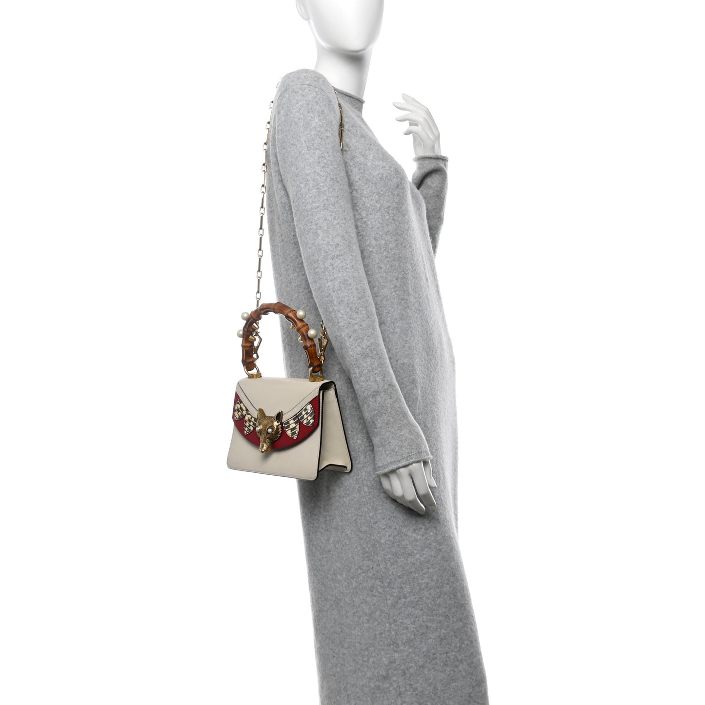 Goatskin Pearl Mini Fox Broche Bamboo Top Handle Bag Hibiscus Red Mystic White