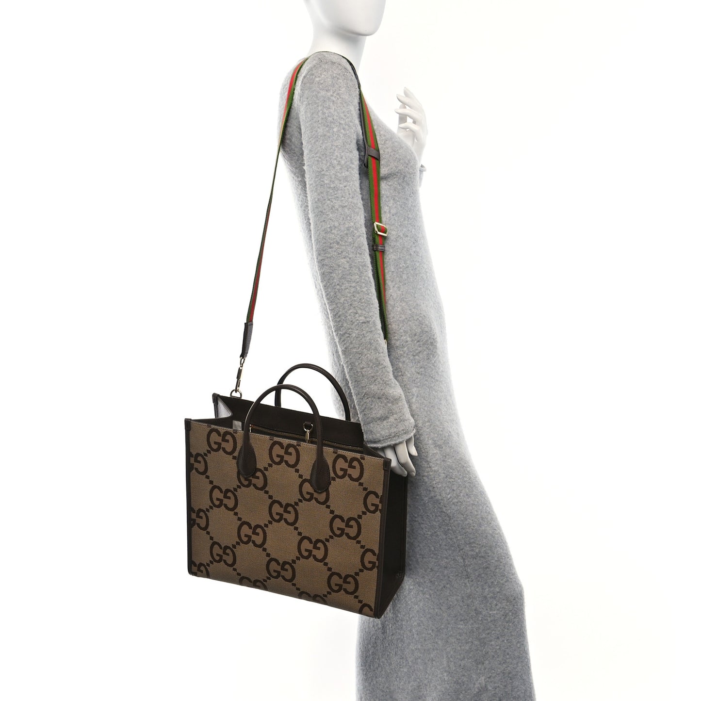 Monogram Jumbo GG Textured Dollar Calfskin Web Tote Bag Camel Ebony New Acero