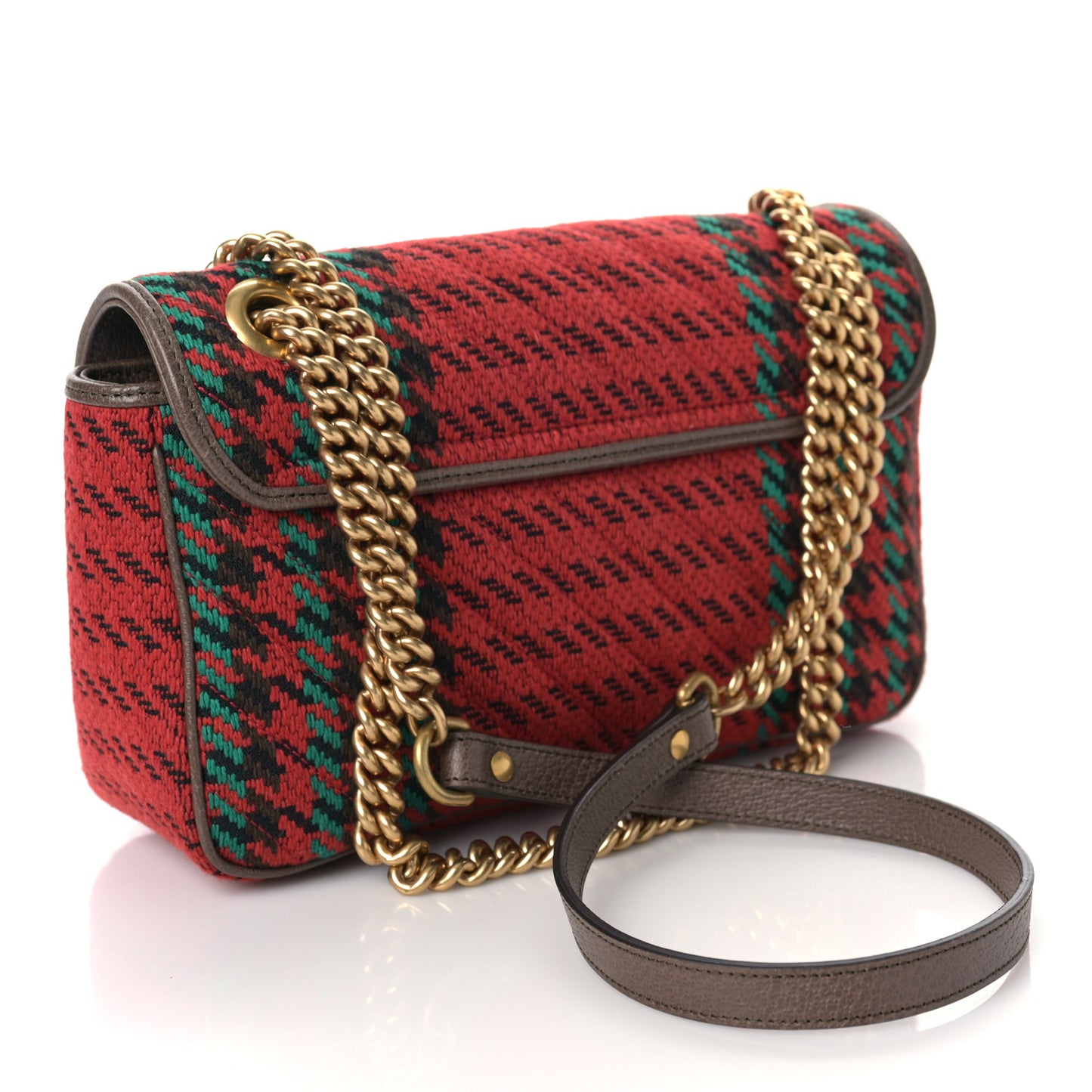 Wool Tweed Textured Dollar Calfskin Matelasse Diagonal Plaid Small GG Marmont Shoulder Bag Red Green Multicolor New Acero