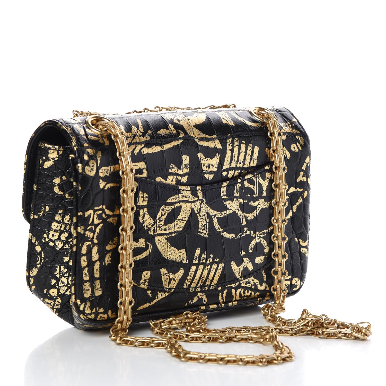 Chanel Calfskin Crocodile Embossed Graffiti 2.55 Mini Cocodile Reissue Flap Black Gold 3 of 11