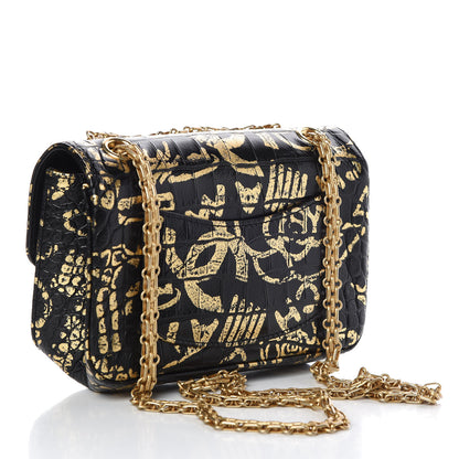 Chanel Calfskin Crocodile Embossed Graffiti 2.55 Mini Cocodile Reissue Flap Black Gold 3 of 11