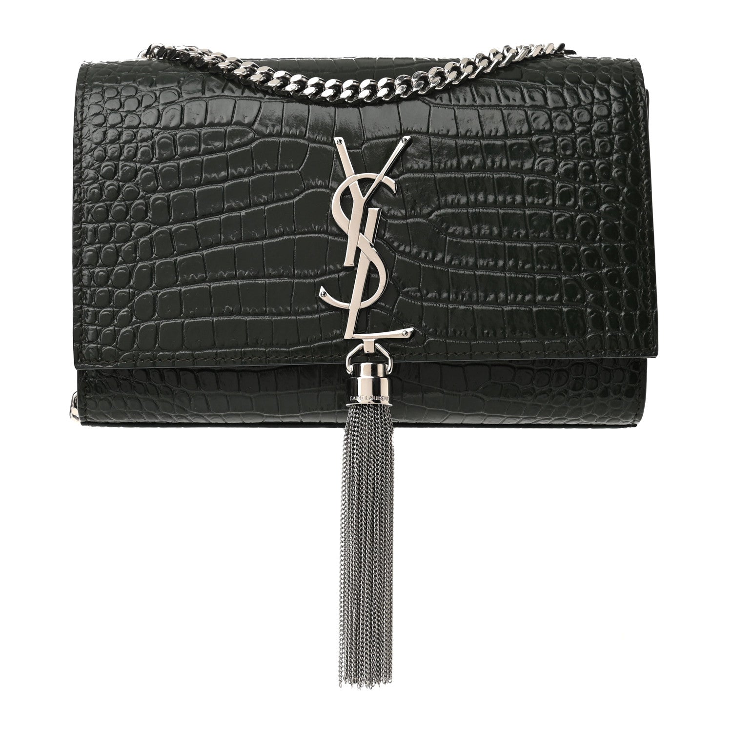 Saint Laurent Calfskin Crocodile Embossed Small Classic Monogram Kate Tassel Satchel Dark Green 1 of 8