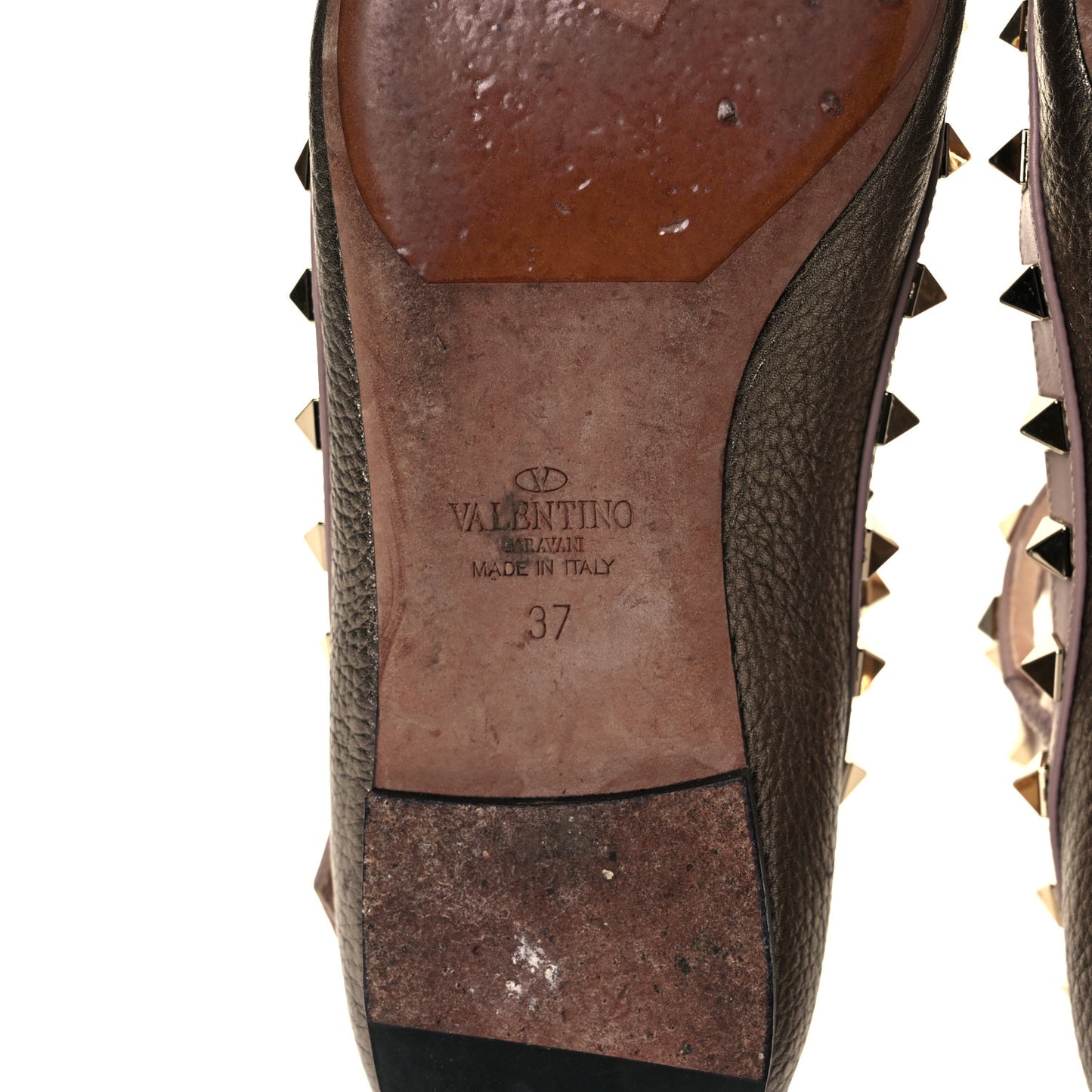 Metallic Pebbled Calfskin Rockstud Cage Ballerina Flats 37 Sasso Poudre