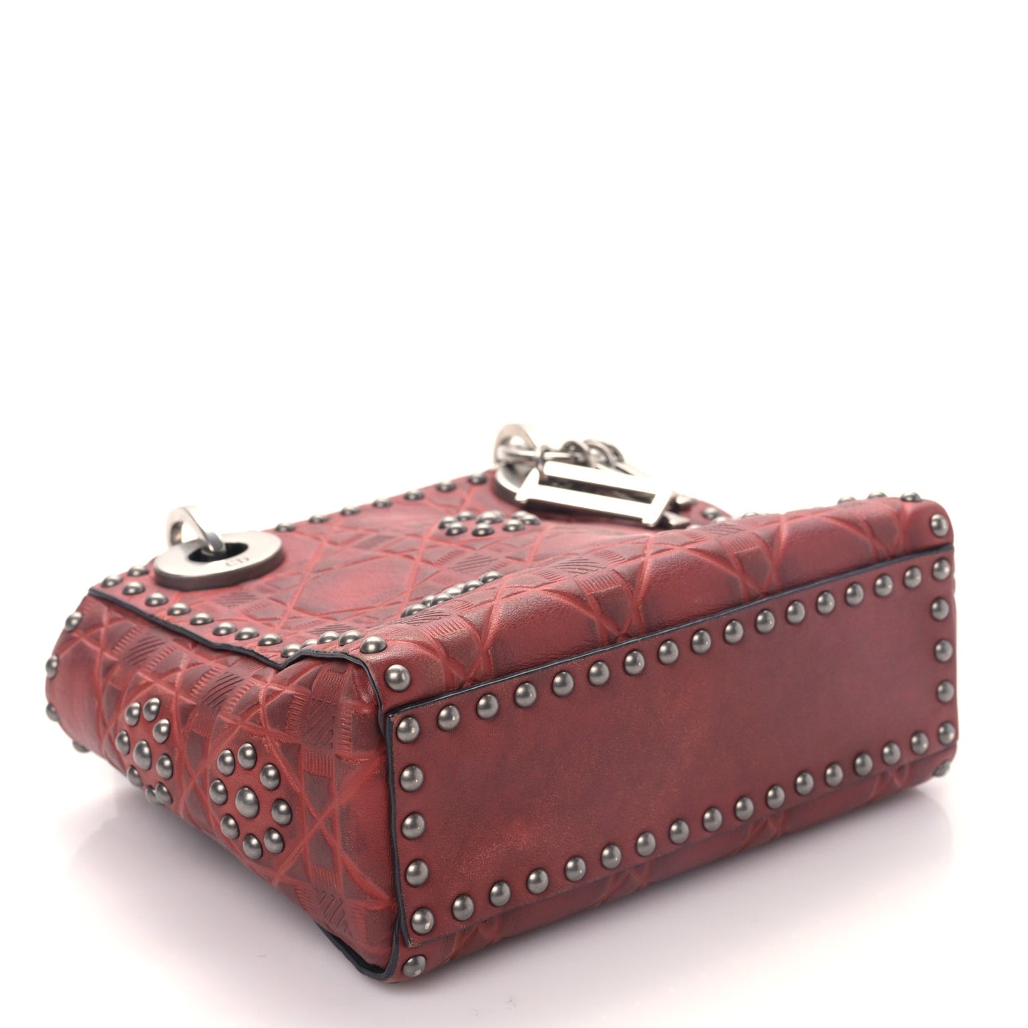 Calfskin Embossed Cannage Flower Studded Mini Lady Dior Bag Red