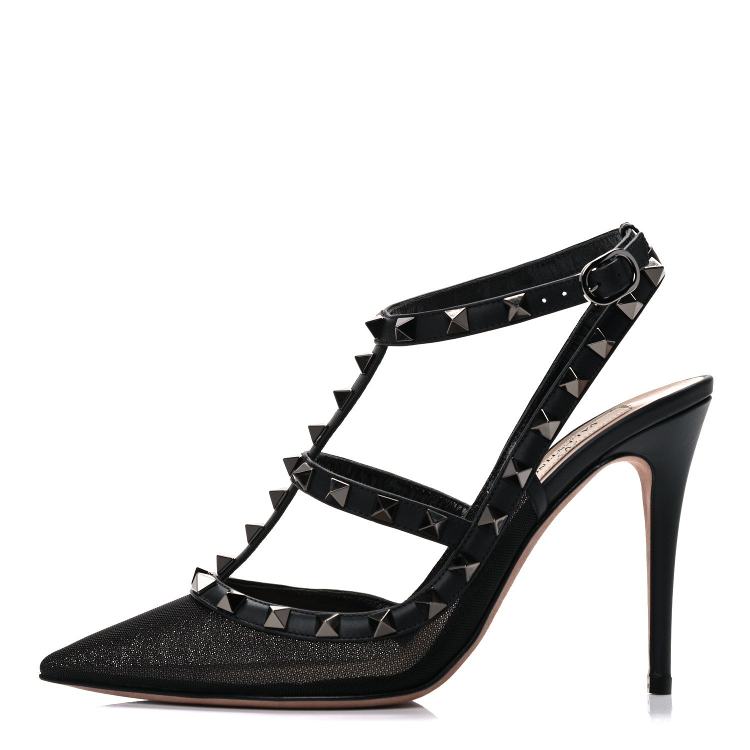 Valentino Garavani Mesh Calfskin Rockstud Ankle Strap 100mm Pumps 37.5 Black 1 of 10