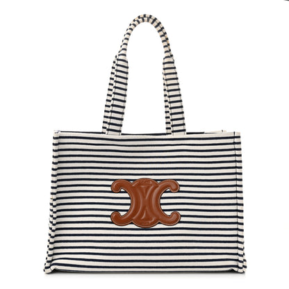 Celine Canvas Calfskin Striped Triomphe Cabas Navy 1 of 10