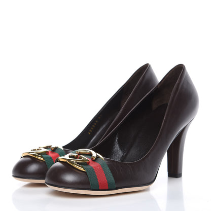 Gucci Calfskin Interlocking GG Web Mid Heel Pumps 39 Dark Cocoa 3 of 8