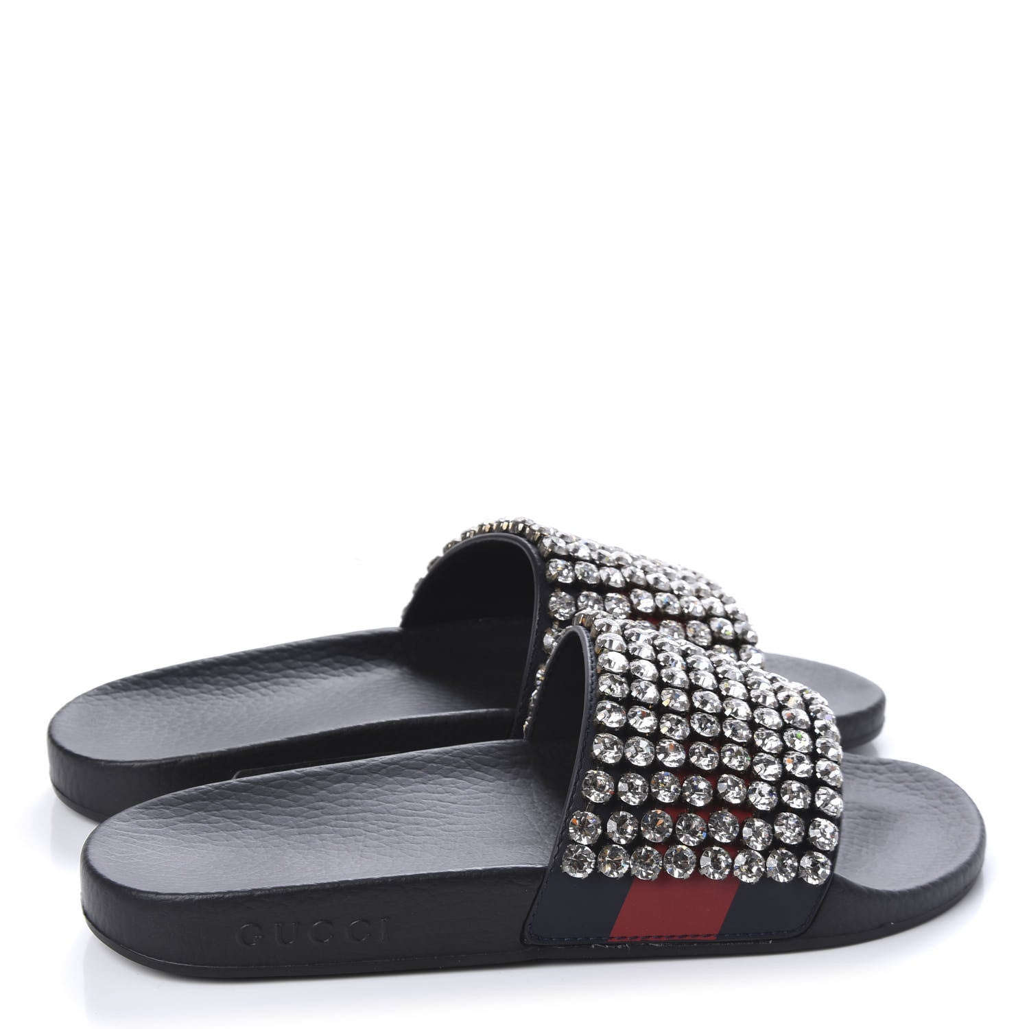 Gucci Calfskin Crystal Embellished Web Slide Sandals 38 Blue Red 4 of 9