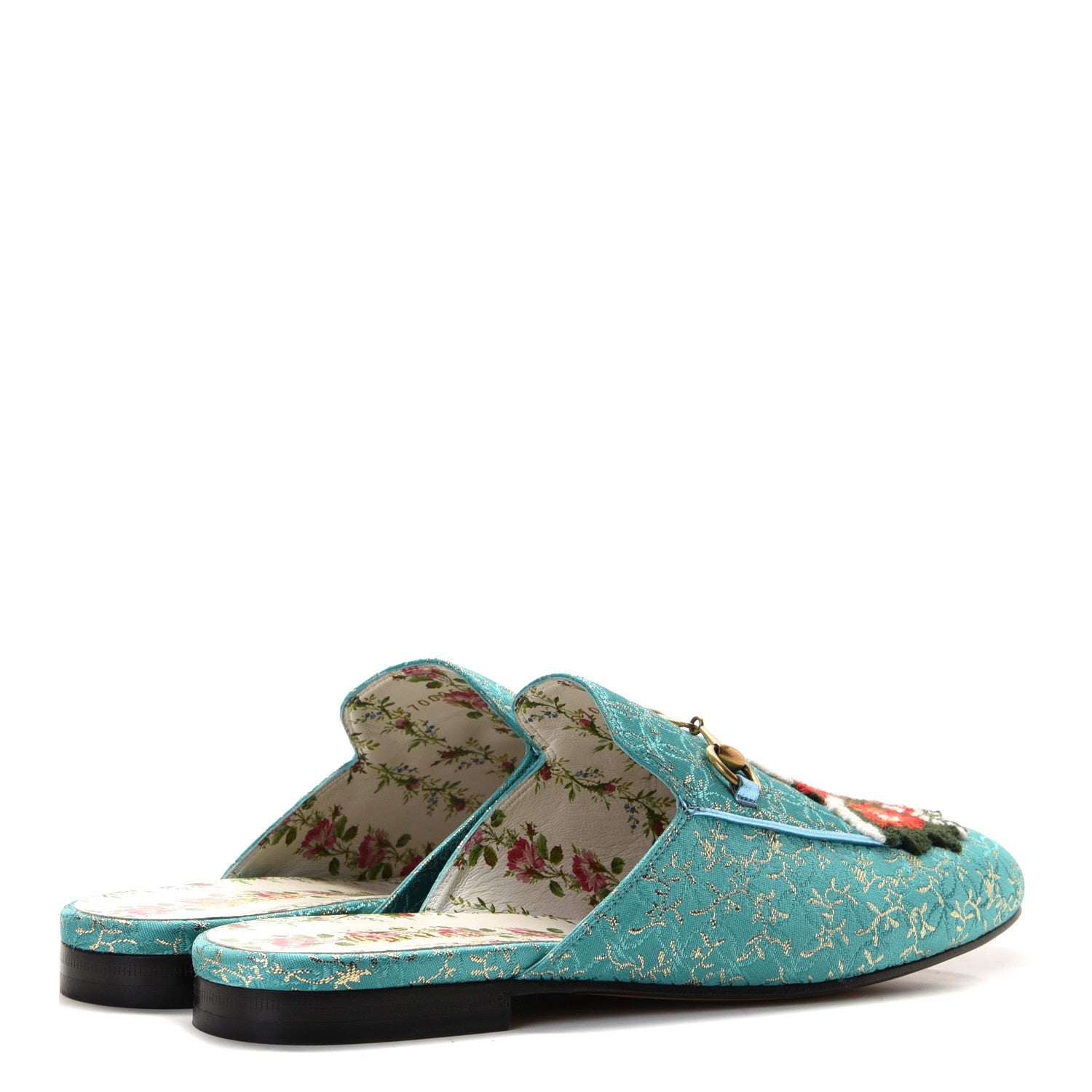 Gucci Lurex Jacquard Nappa Floral Embroidered Womens Princetown Slippers 41 Light Blue Gold Cielo 3 of 8