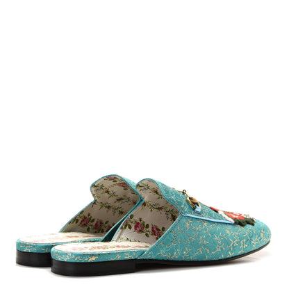 Gucci Lurex Jacquard Nappa Floral Embroidered Womens Princetown Slippers 41 Light Blue Gold Cielo 3 of 8