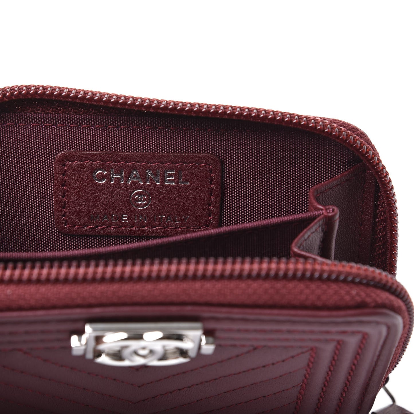 Lambskin Chevron Quilted Boy Zip Around Coin Purse Wallet Burgundy