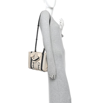 Chloe Linen Calfskin Small Woody Ribbon Tote White Black 2 of 13