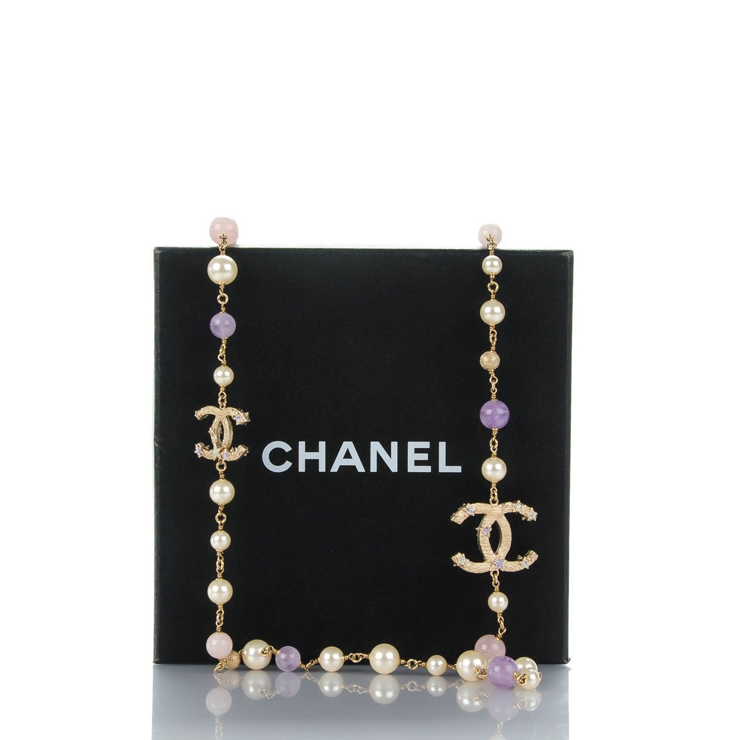 Pearl Beaded Crystal Star CC Long Necklace Purple Gold