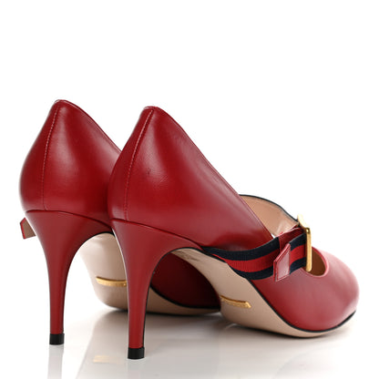 Gucci Malaga Kid Sylvie Web Mid Heel Pumps 37.5 Hibiscus Red 4 of 9