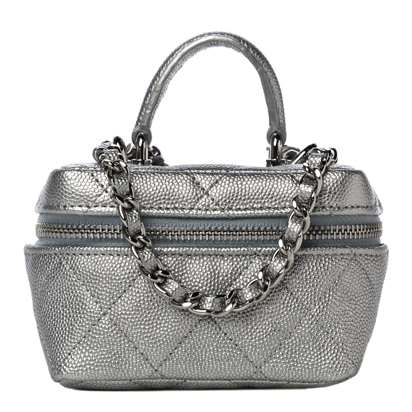 Metallic Caviar Quilted Mini Top Handle Vanity With Chain Silver
