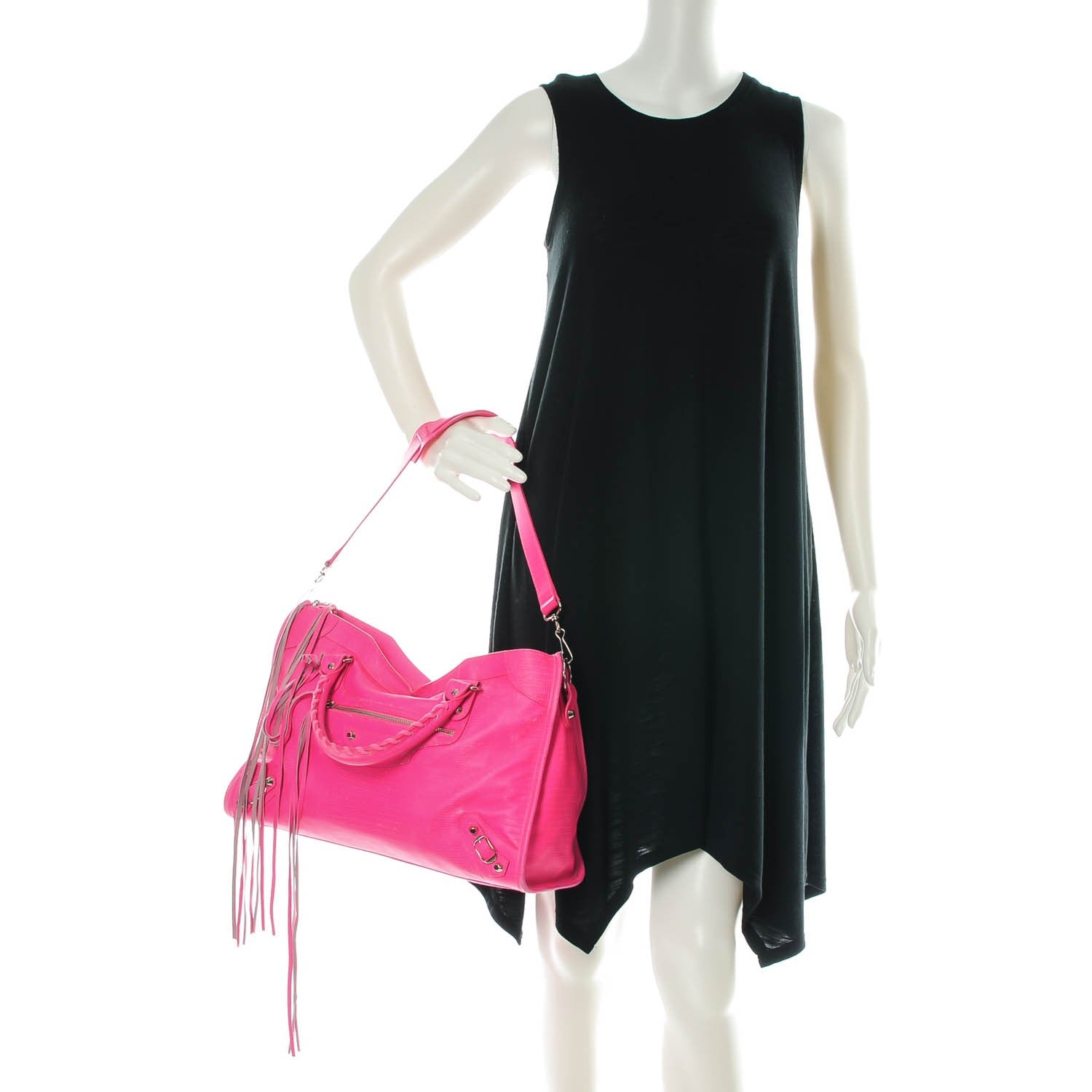 Balenciaga Calfskin Lizard Embossed Classic Silver Hardware City Rose Fluo 2 of 15
