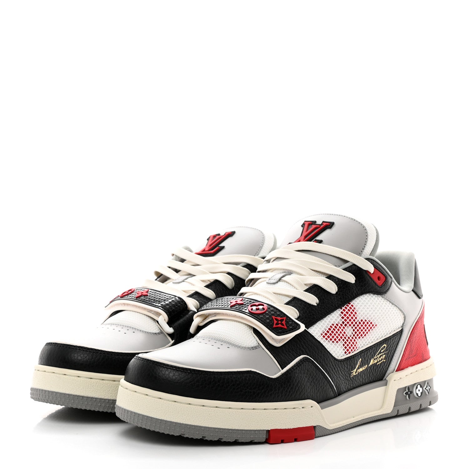 Louis Vuitton Calfskin Monogram Mens LV Trainer Sneakers 10 Grey Red Black 3 of 8