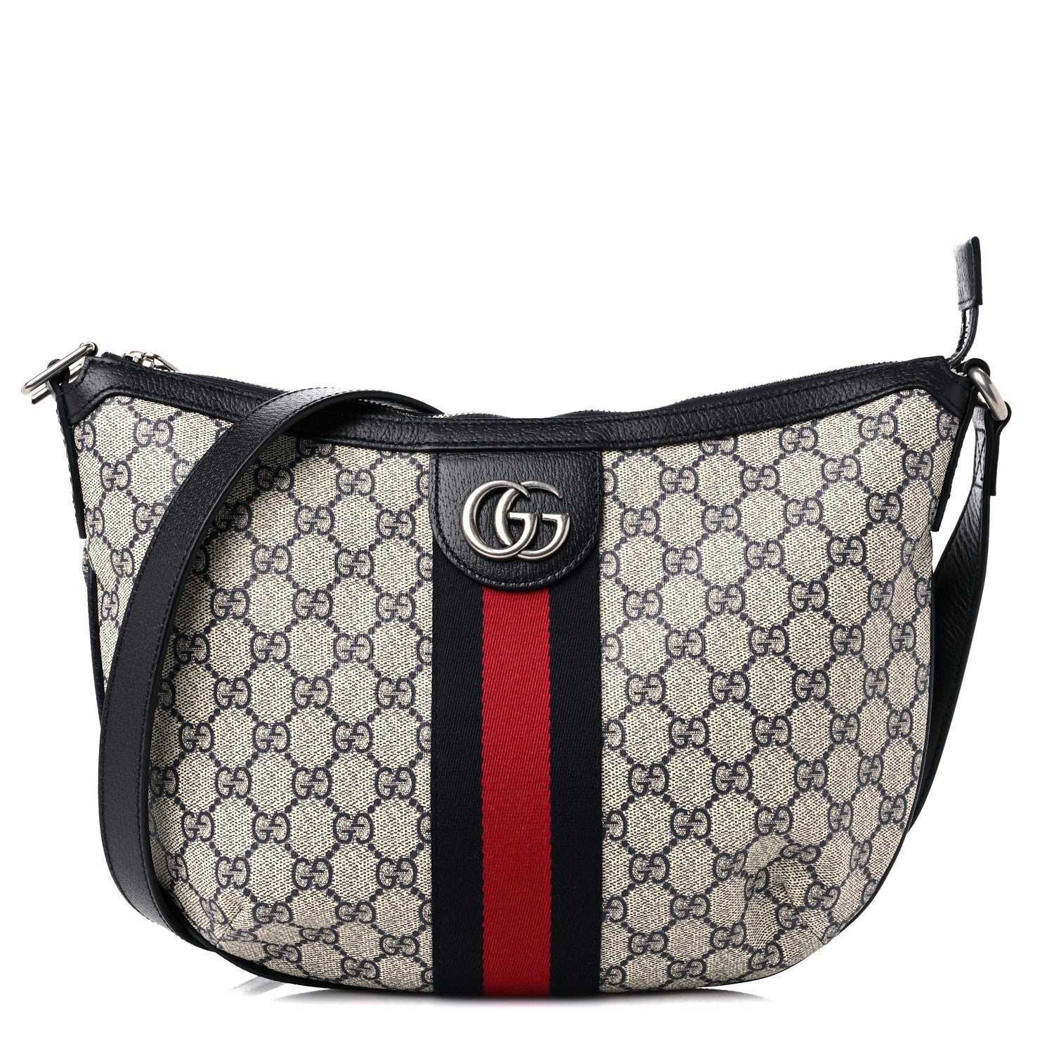 Gucci GG Supreme Monogram Textured Dollar Calfskin Web Small Ophidia Half Moon Hobo Beige Blue 1 of 11
