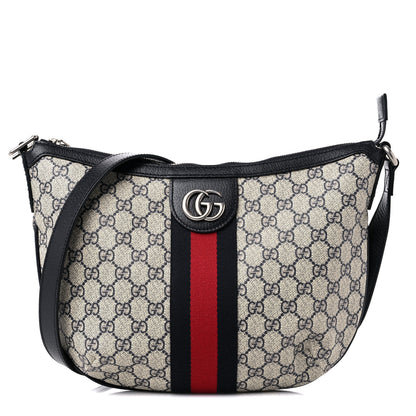 Gucci GG Supreme Monogram Textured Dollar Calfskin Web Small Ophidia Half Moon Hobo Beige Blue 1 of 11