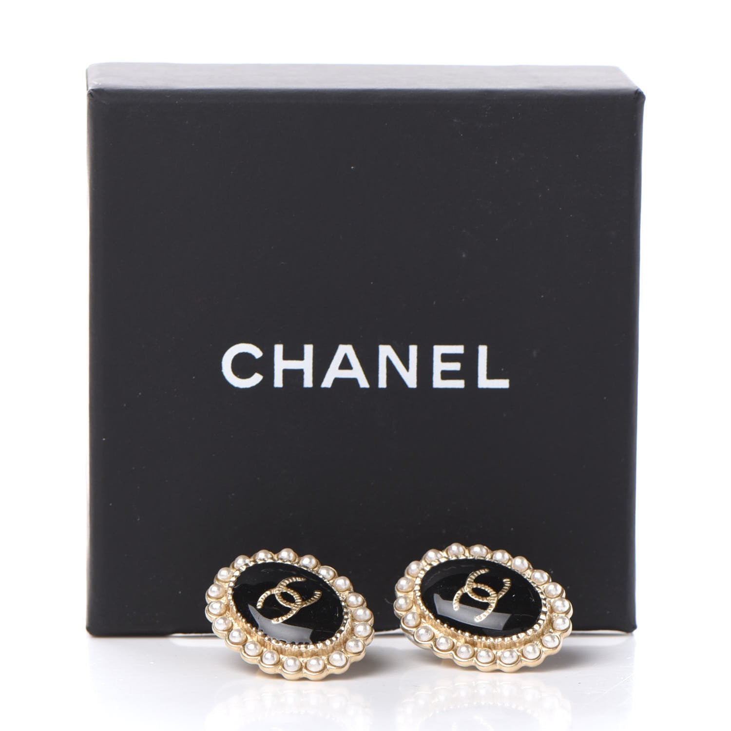 Chanel Pearl Enamel CC Oval Earrings Gold Black 5 of 5