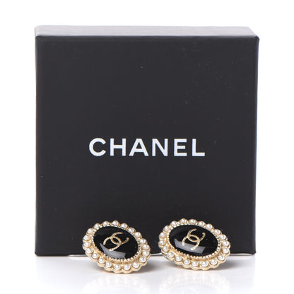 Chanel Pearl Enamel CC Oval Earrings Gold Black 5 of 5