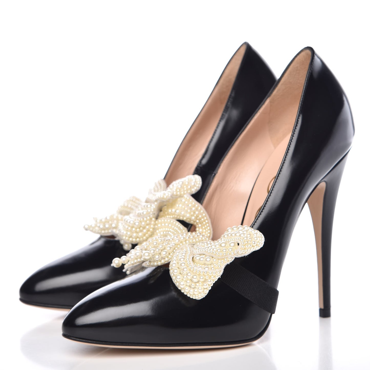 Polished Calfskin Removable Pearly Bow Elaisa Platform High Heel Pumps 38 Black