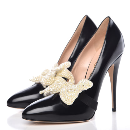 Gucci Polished Calfskin Removable Pearly Bow Elaisa Platform High Heel Pumps 38 Black 3 of 12