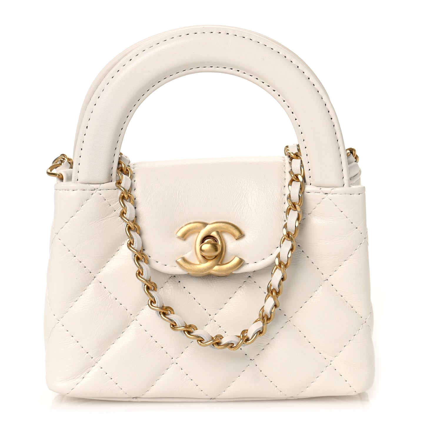 Shiny Aged Calfskin Quilted Mini Nano Kelly Shopper White