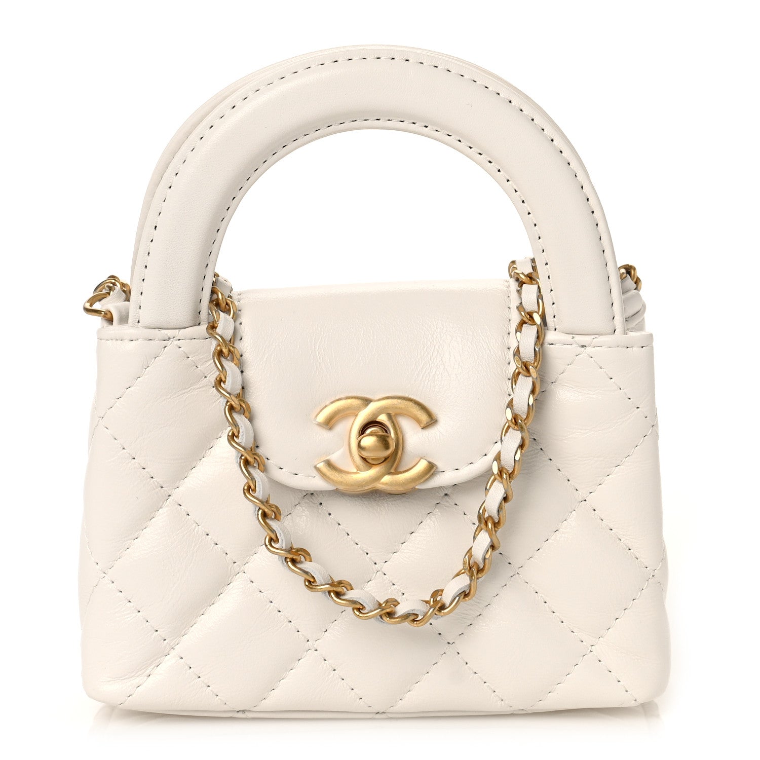Chanel Shiny Aged Calfskin Quilted Mini Nano Kelly Shopper White 1 of 10