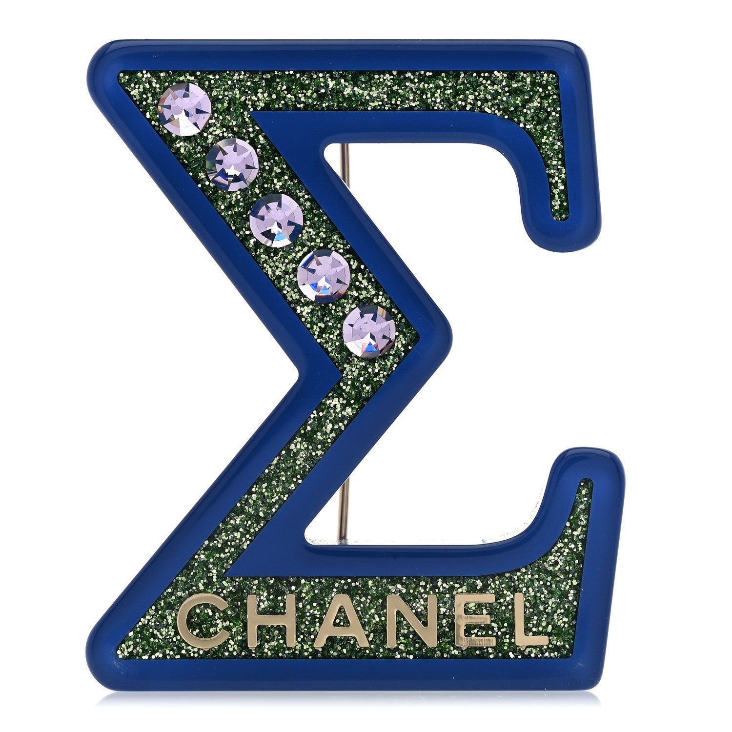 Chanel Resin Glitter Crystal Sigma Brooch Blue Green 1 of 4