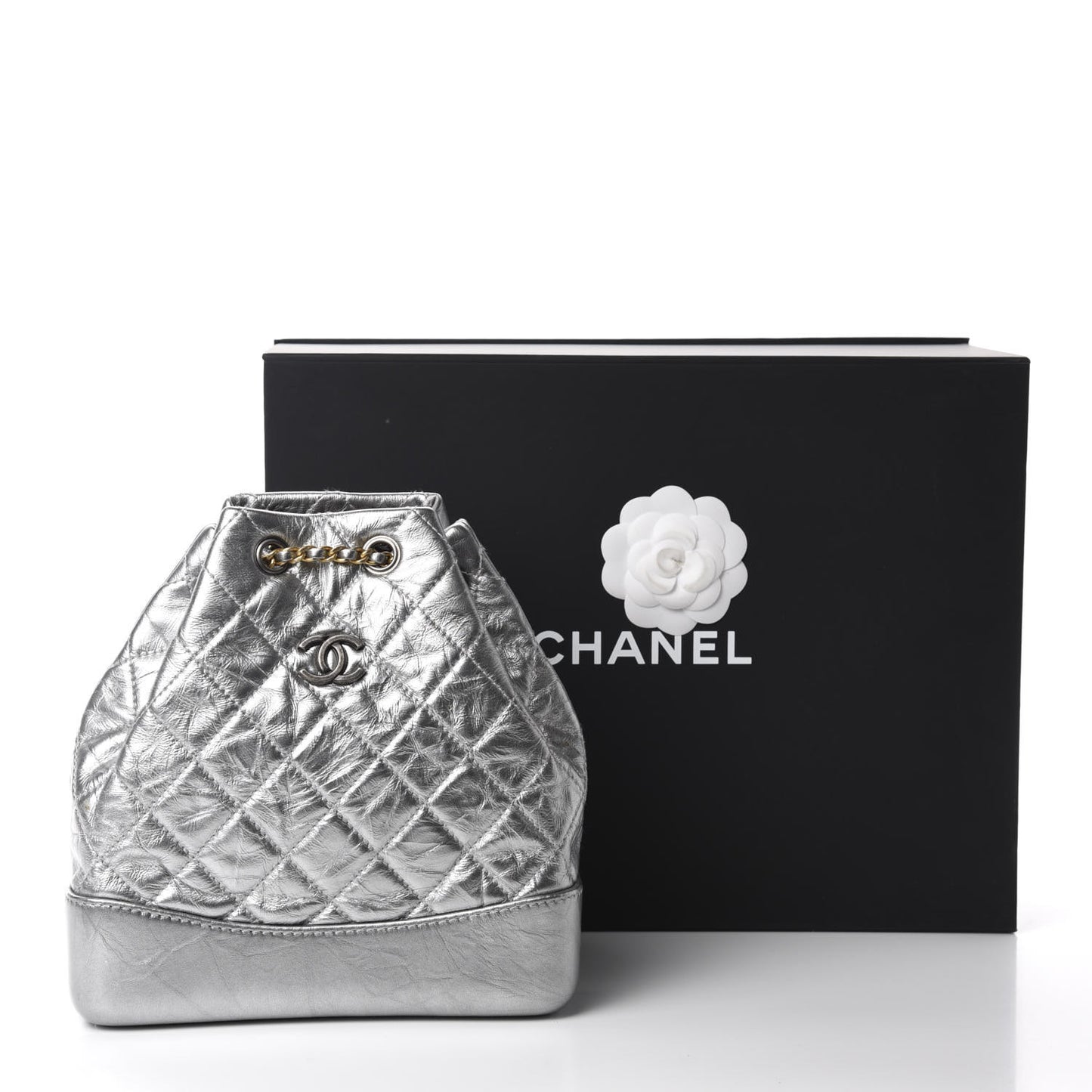 Metallic Crumpled Calfskin Quilted Small Gabrielle Backpack Silver