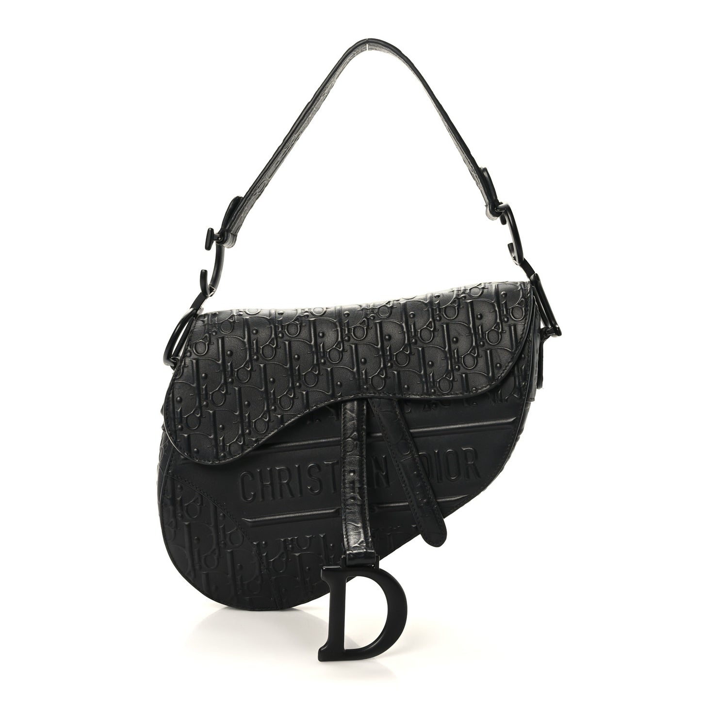Calfskin Embossed Oblique Saddle Bag Black