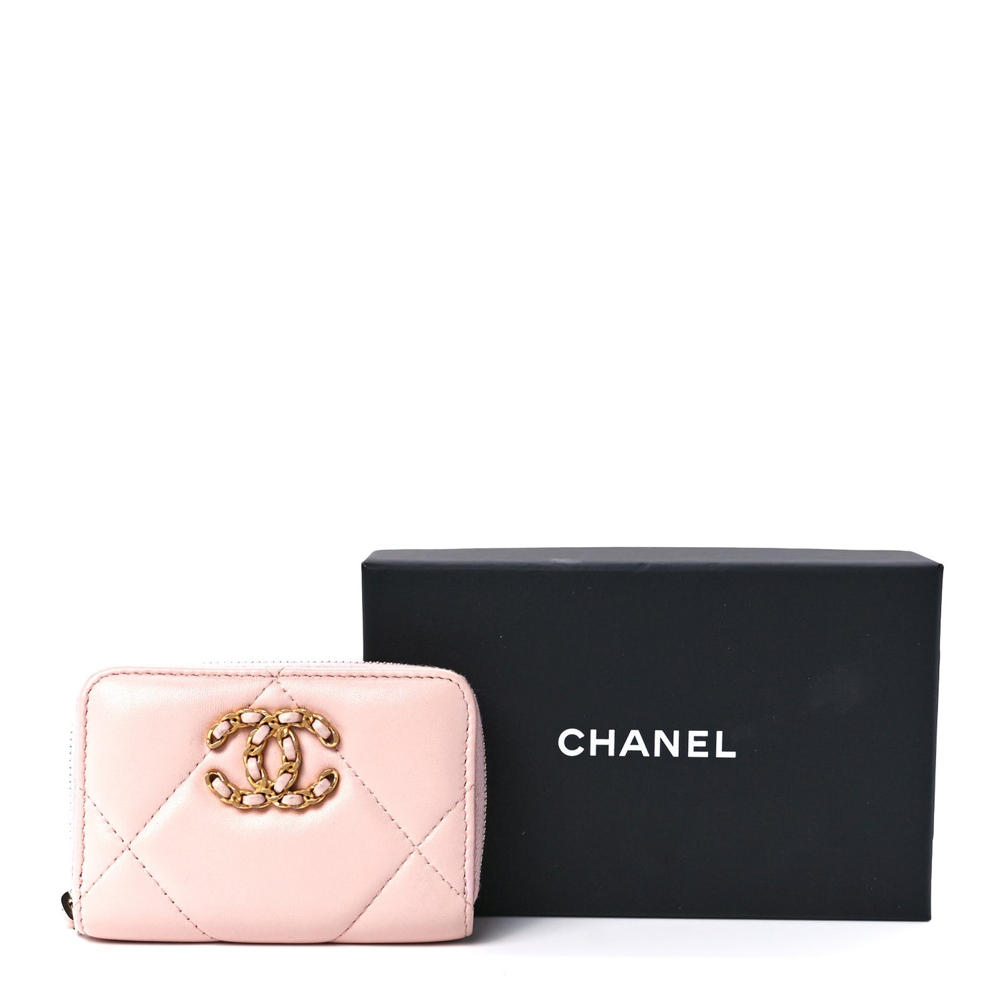 Lambskin Quilted 19 Zip Around Coin Purse Wallet Light Pink