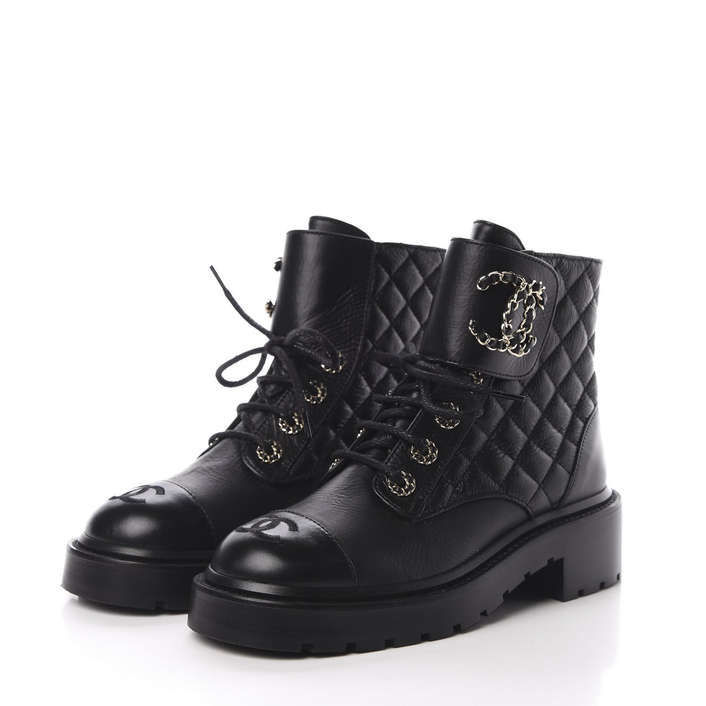 Shiny Goatskin Calfskin Quilted Lace Up Combat Boots 36 Black
