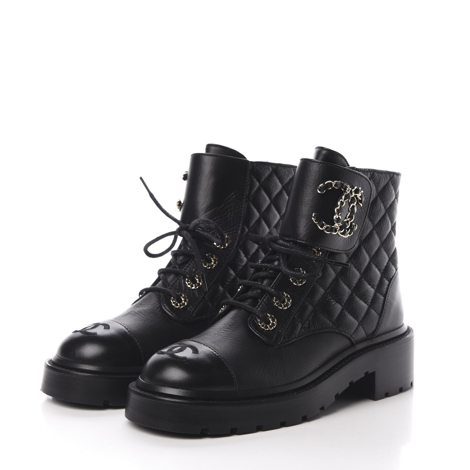 Chanel Shiny Goatskin Calfskin Quilted Lace Up Combat Boots 36 Black 3 of 9