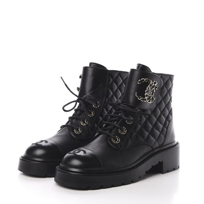 Chanel Shiny Goatskin Calfskin Quilted Lace Up Combat Boots 36 Black 3 of 9