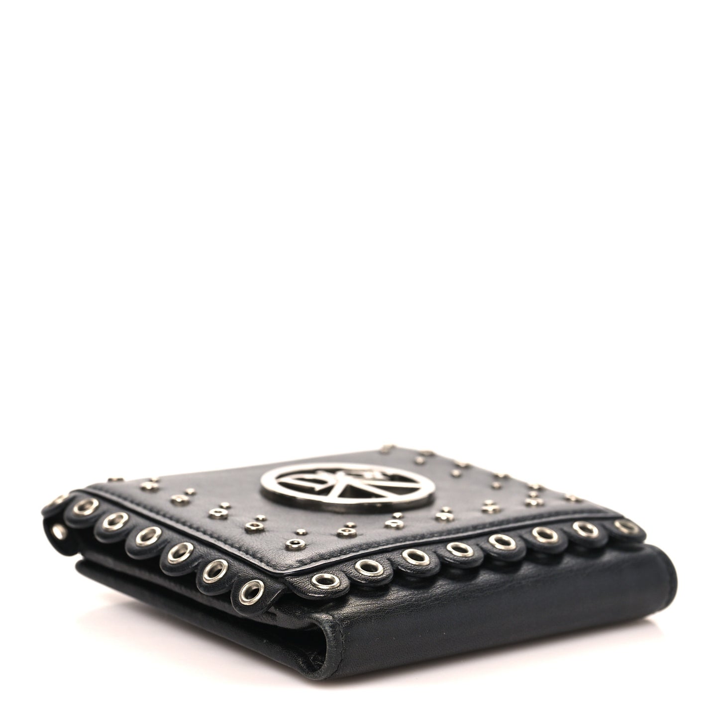 Calfskin Studded Peace Compact Wallet Black