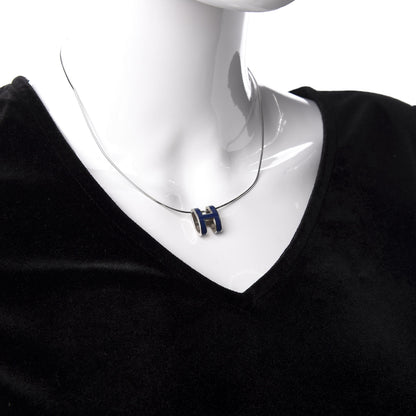 Hermes Lacquered Palladium Pop H Pendant Necklace Navy Bleu 2 of 5