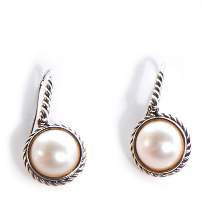 David Yurman Sterling Silver Pearl 9mm Cable Drop Earrings 1 of 5