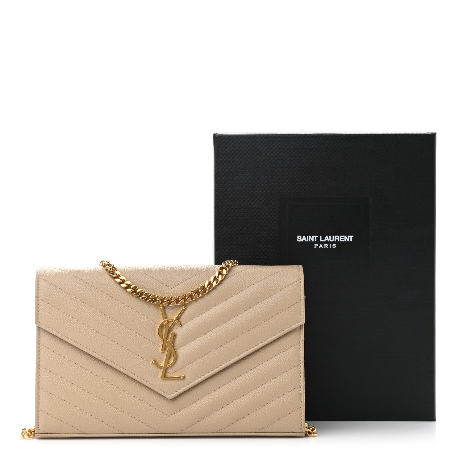 Saint Laurent Grain De Poudre Matelasse Chevron Monogram Chain Wallet Deep Beige 11 of 11
