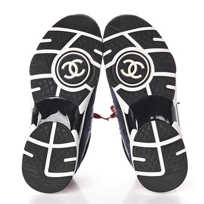 Chanel Tweed Suede Calfskin Womens CC Sneakers 38 Grey Red Navy 5 of 7